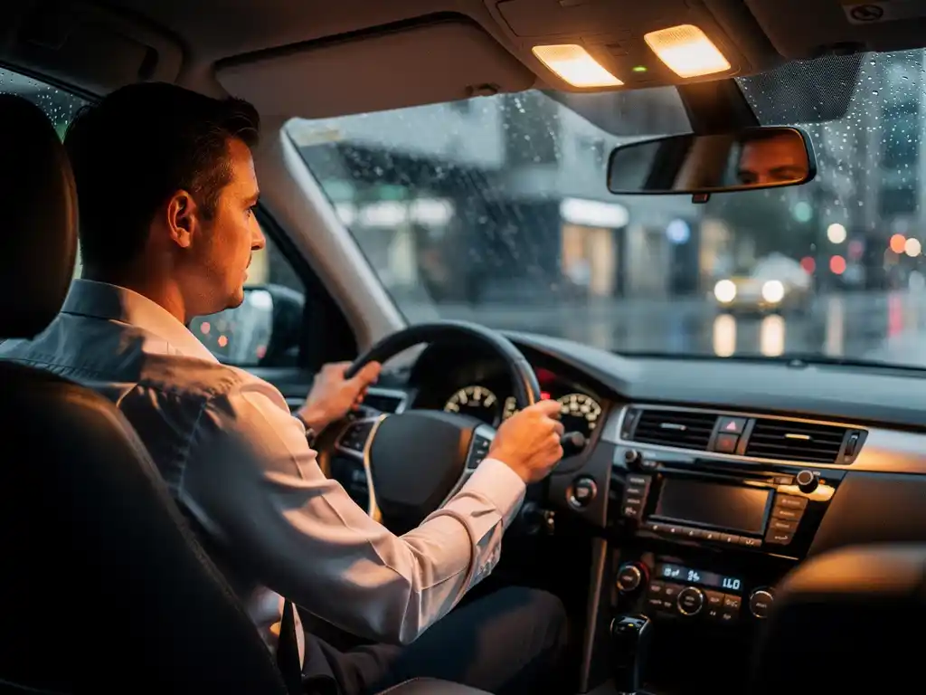 Professionele taxichauffeur in overhemd aan het stuur van een moderne taxi, regendruppels op voorruit, stad op achtergrond.
