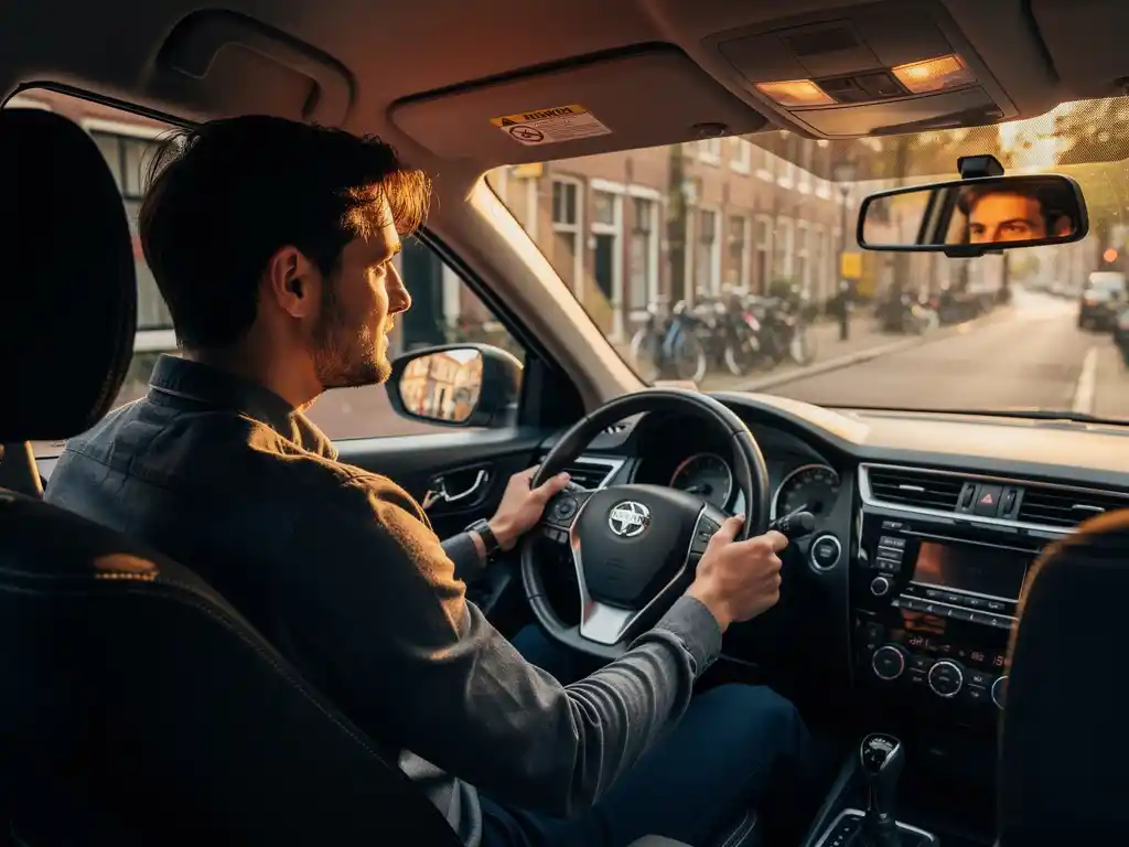 Beginnende leerling achter het stuur van een taxi tijdens rijles, met rustige instructeur naast zich op een Nederlandse stadsstraat.