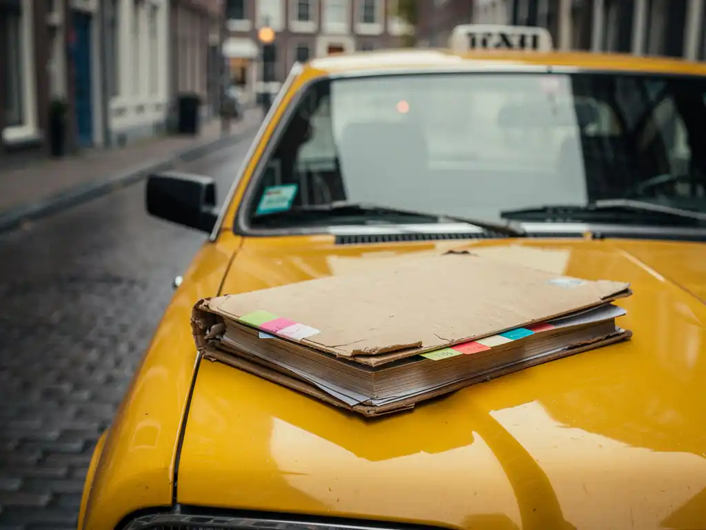 Gele taxi geparkeerd op een Nederlandse kasseienstraat met een medische revalidatiemap op de motorkap.