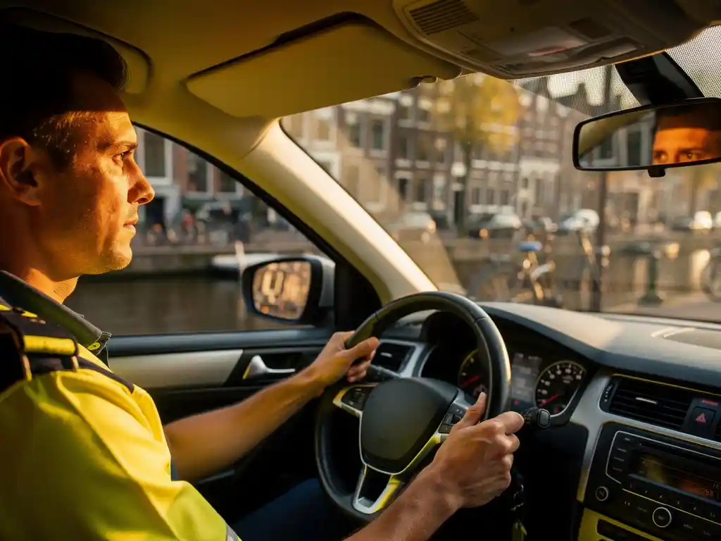 Taxichauffeur in geel vest achter het stuur van een Nederlandse taxi, Amsterdamse gracht zichtbaar op de achtergrond.