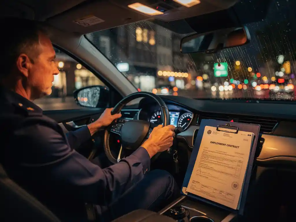 Taxichauffeur in donker uniform achter het stuur met loonstrook en arbeidscontract op bijrijdersstoel, regendruppels op raam.