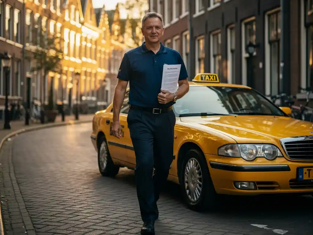 Professionele taxichauffeur in uniform loopt naar gele taxi op Nederlandse stadsstraat, ochtendlicht, sfeer van carrièreovergang.