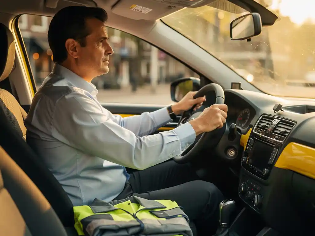 Taxichauffeur in uniform achter het stuur van een Nederlandse taxi, met een bouwvest op de passagiersstoel, warm middaglicht.