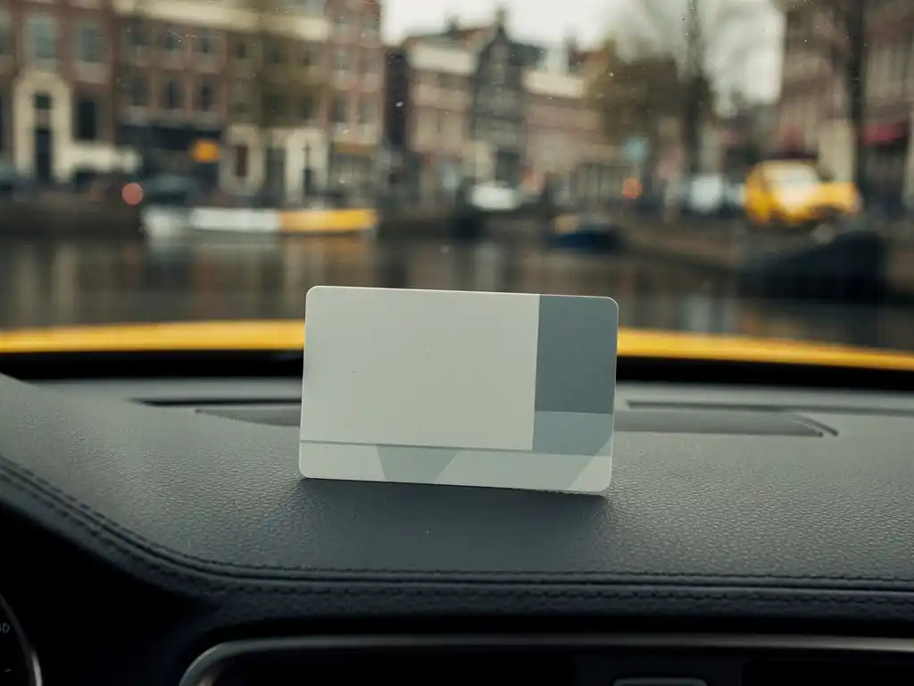 Officiële taxichauffeurspas op het dashboard met een wazige Nederlandse stadsachtergrond door de voorruit.