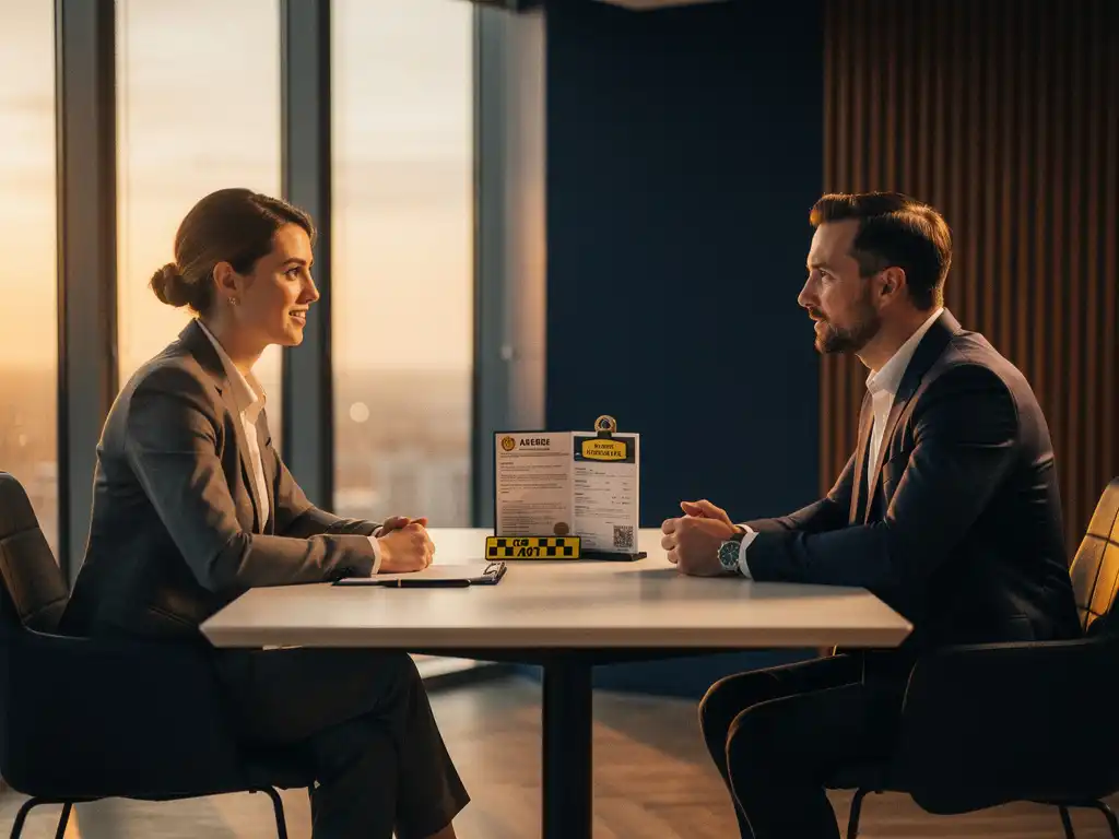 Werknemer en manager in gesprek aan modern bureau met taxibadge en certificeringsdocumenten zichtbaar daartussen, warm gouden licht.