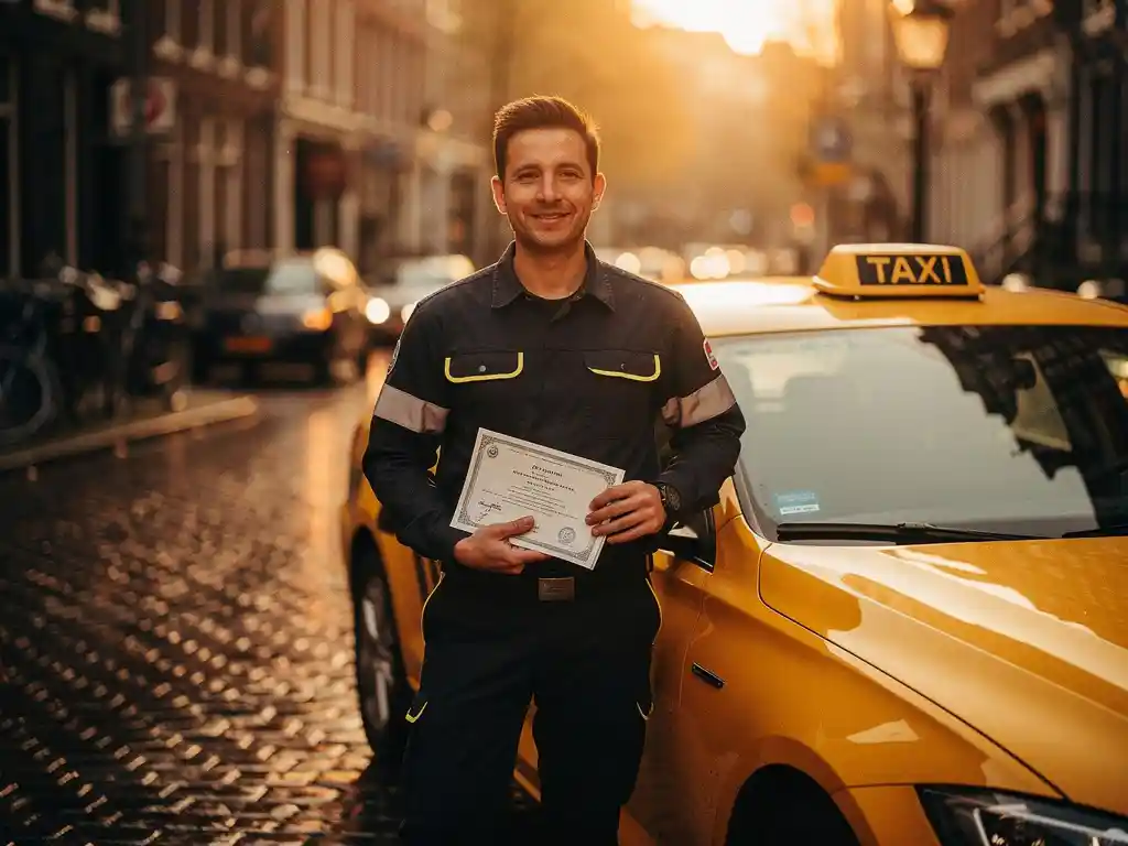 Taxichauffeur met certificeringsdocumenten naast gele taxi op natte kinderkopjes in Nederlandse binnenstad bij gouden uurstemming.