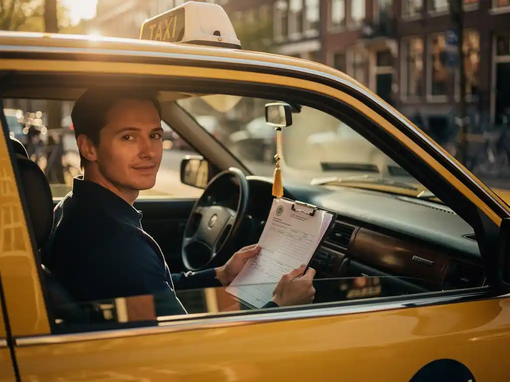 Taxichauffeur in opleiding houdt certificeringsdocumenten vast in gele cab op Nederlandse straathoek, warme middagzon door voorruit.