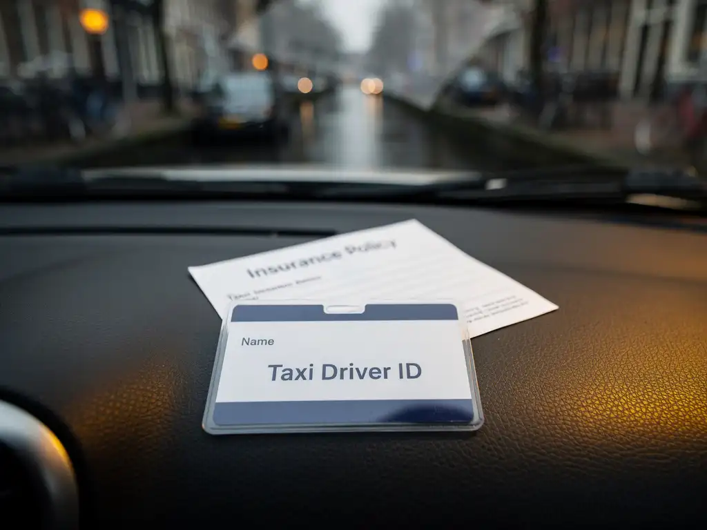 Taxichauffeur legitimatiebewijs en verzekeringsdocumenten op dashboard, met wazig Amsterdams straatbeeld door voorruit.