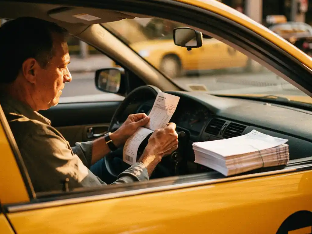 Taxichauffeur bekijkt loonstrook achter het stuur van een gele cab, salarisoverzicht op het dashboard in warm middaglicht.