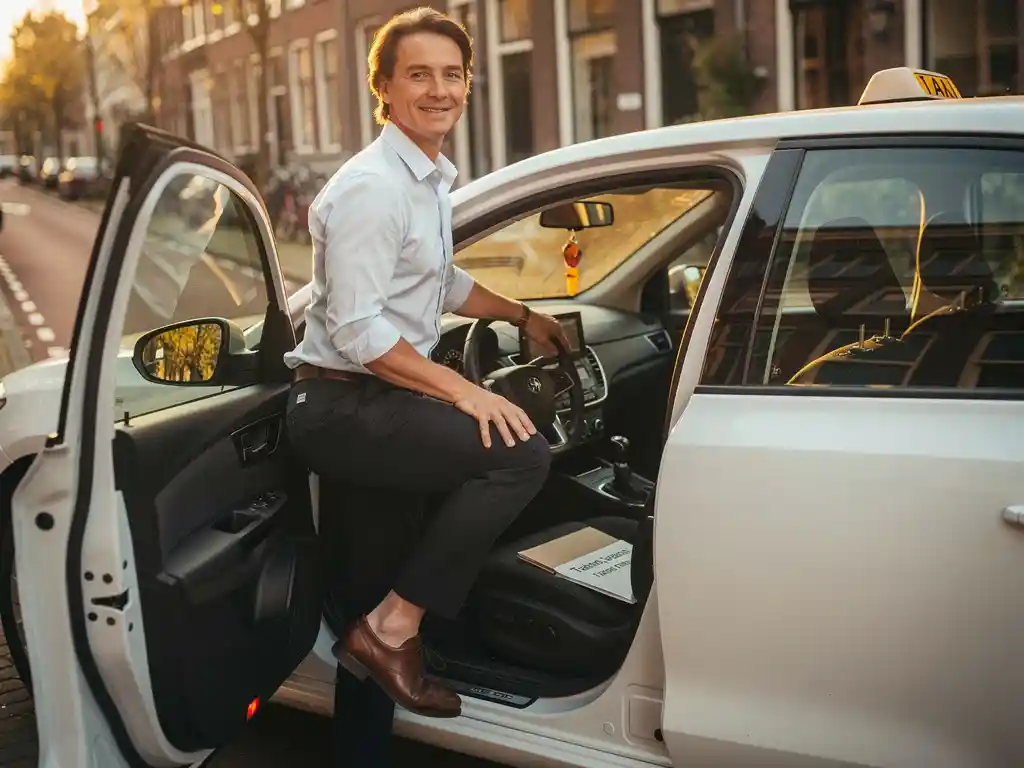 Persoon in nette vrijetijdskleding stapt in witte taxi op rustige Nederlandse stadsstraat, opleidingscertificaat zichtbaar op passagiersstoel.