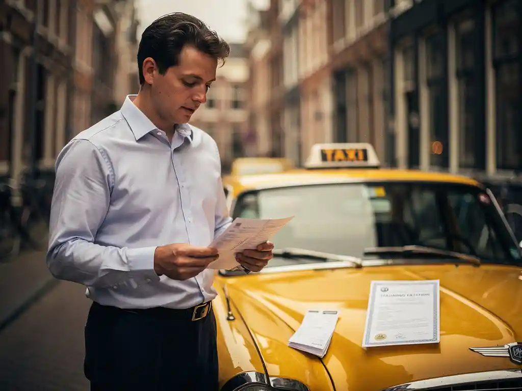 Taxichauffeur in opleiding bekijkt loonstrook en opleidingscertificaat op de motorkap van een gele taxi in een Nederlandse stad.