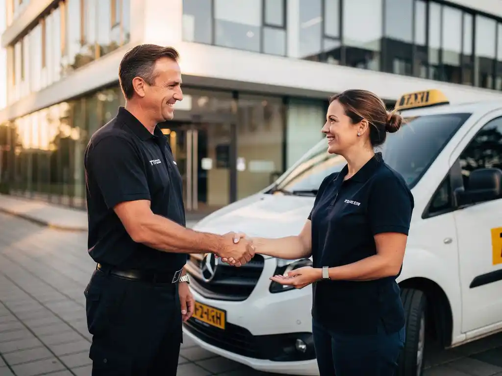 Taxichauffeur in zwart uniform schudt hand met re-integratieconsulent bij witte taxibus voor modern Nederlands kantoorgebouw.