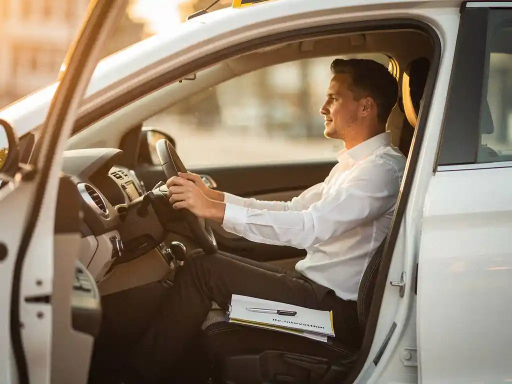 Zelfverzekerde werkzoekende achter het stuur van een witte Nederlandse taxi, met re-integratiemap op het dashboard, in zacht middaglicht.