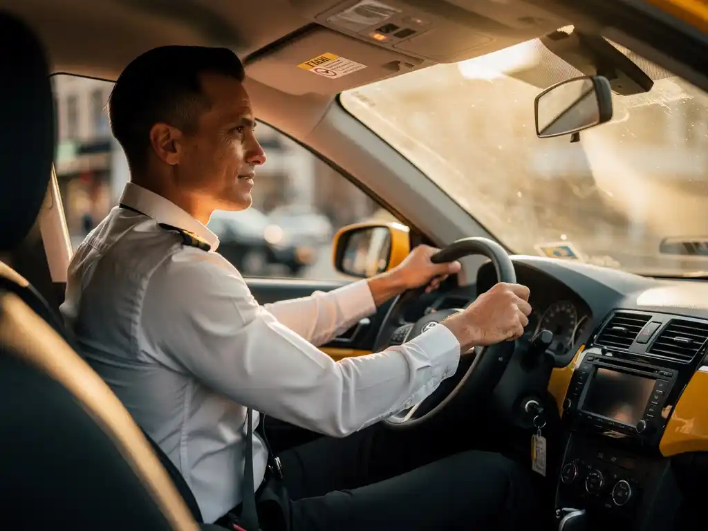 Taxichauffeur in uniform achter het stuur van een moderne taxi, warm ochtendlicht door de voorruit, ondiep scherptediepte.