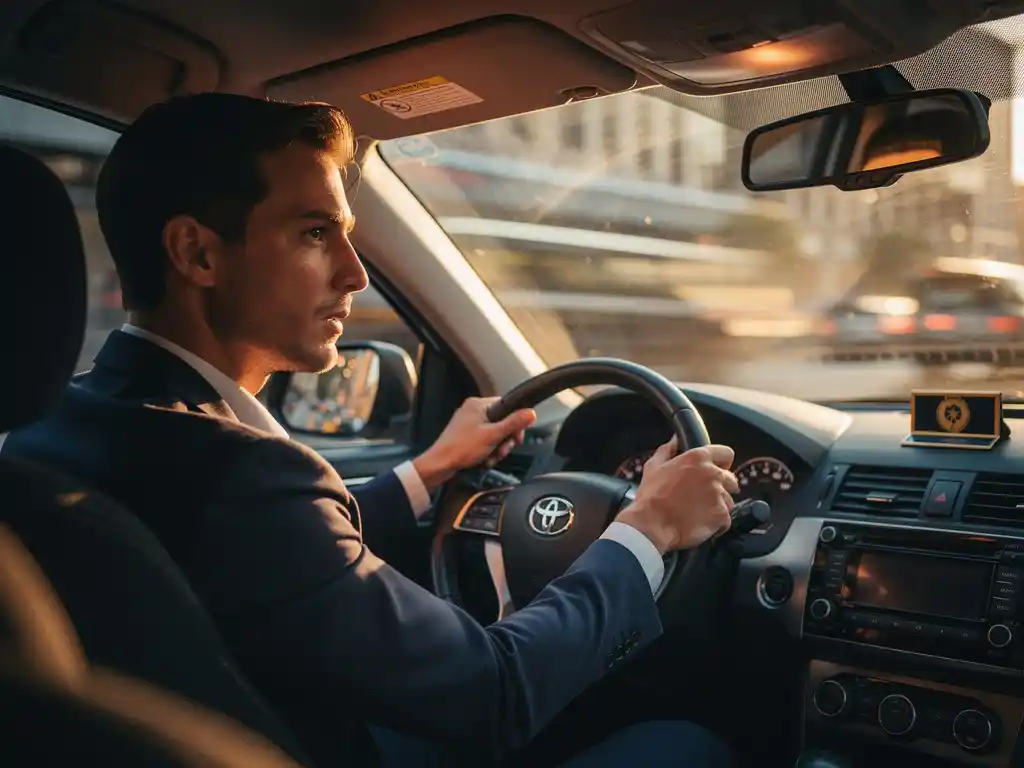Taxichauffeur aan het stuur in moderne cab met professionele badge op dashboard, stad onscherp zichtbaar door voorruit in gouden avondlicht.