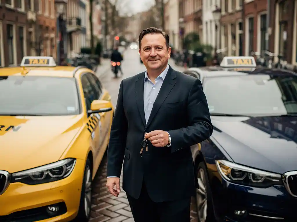 Taxichauffeur in professioneel jasje naast twee verschillende taxi's op een Nederlandse stadsstraat, autosleutels in de hand.