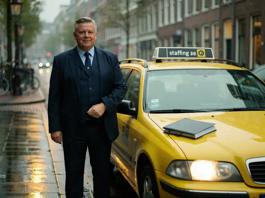 Taxichauffeur in uniform naast gele taxi op natte Nederlandse stadsstraat, met documentmap van uitzendbureau op autodak.