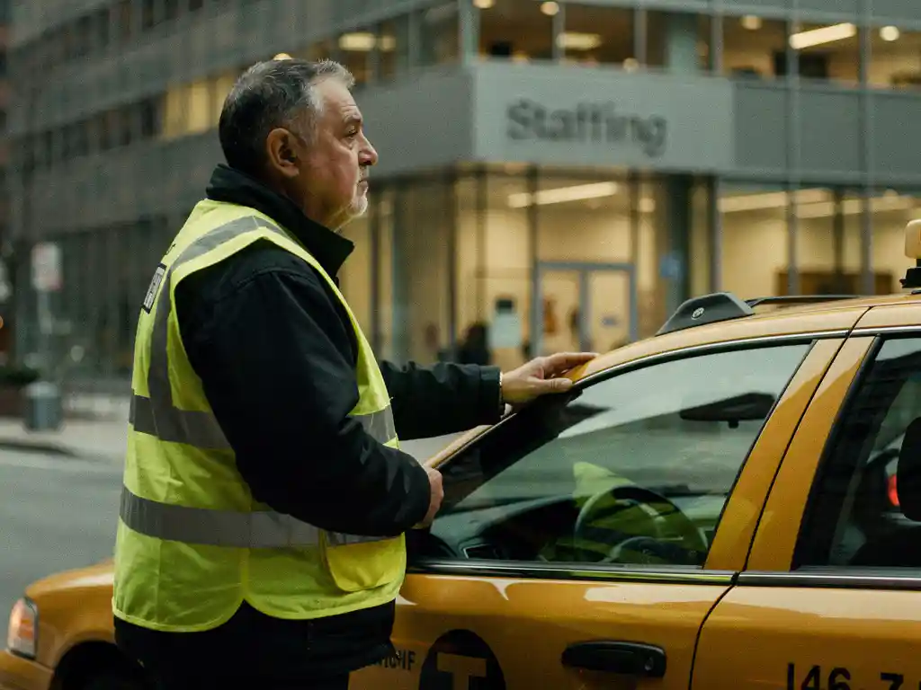 Taxichauffeur in geel veiligheidsvest leunt op cabdak, kijkt peinzend naar uitzendbureau op bewolkte dag.