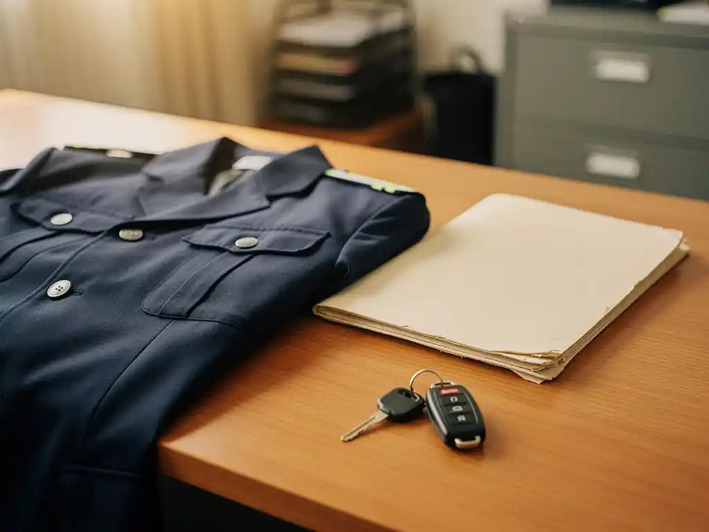 Taxichauffeur uniform jasje en opleidingscertificaat op bureau van Nederlandse werkgever, naast autosleutels, warm kantoorlicht.
