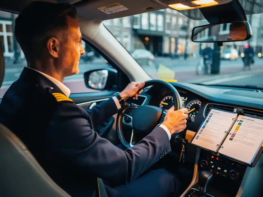 Taxichauffeur in uniform achter het stuur van een moderne Nederlandse taxi, trainingsmap op passagiersstoel, stadsstraten wazig op achtergrond.