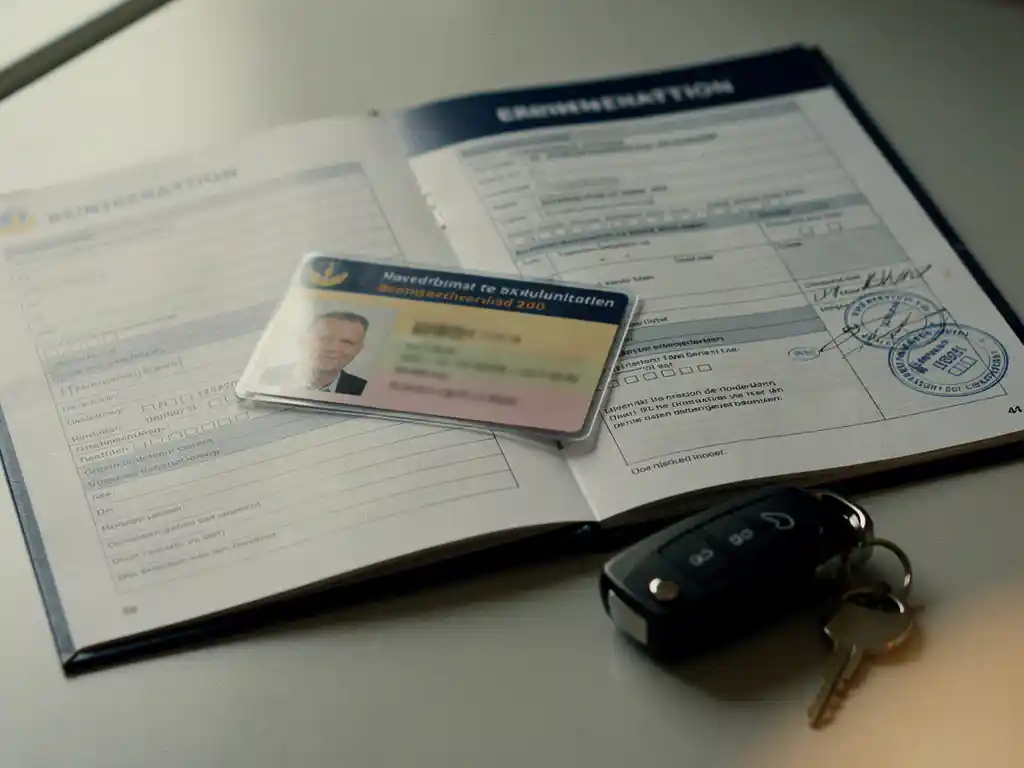 Gelamineerde taxipas naast autosleutels op een open Nederlands re-integratiedossier met gestempelde documenten.