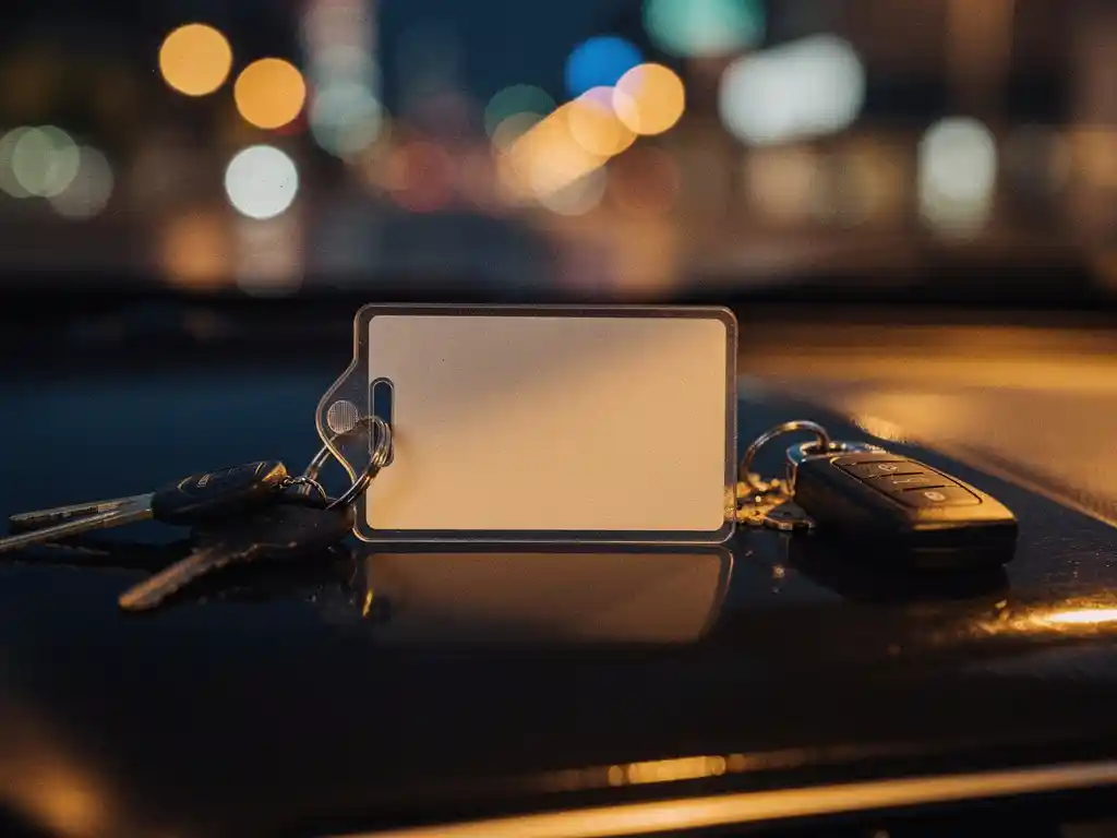 Gelamineerde taxivergunning op een glanzend autodashboard met autosleutels, stadsverlichting wazig zichtbaar door de voorruit.